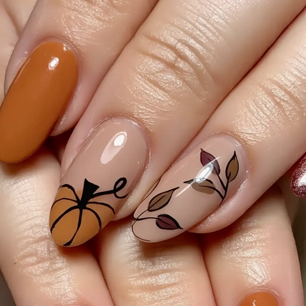 Trendy Fall Season Nails Designs Ideas 2025 Clear Pumpkin Garden