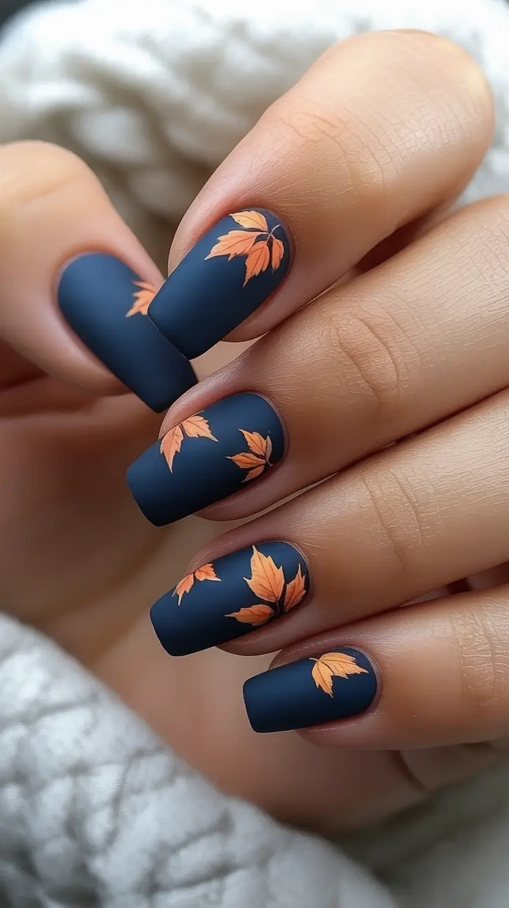 Trendy Fall Season Nails Designs Ideas 2025 Matte Navy with Maple Accents