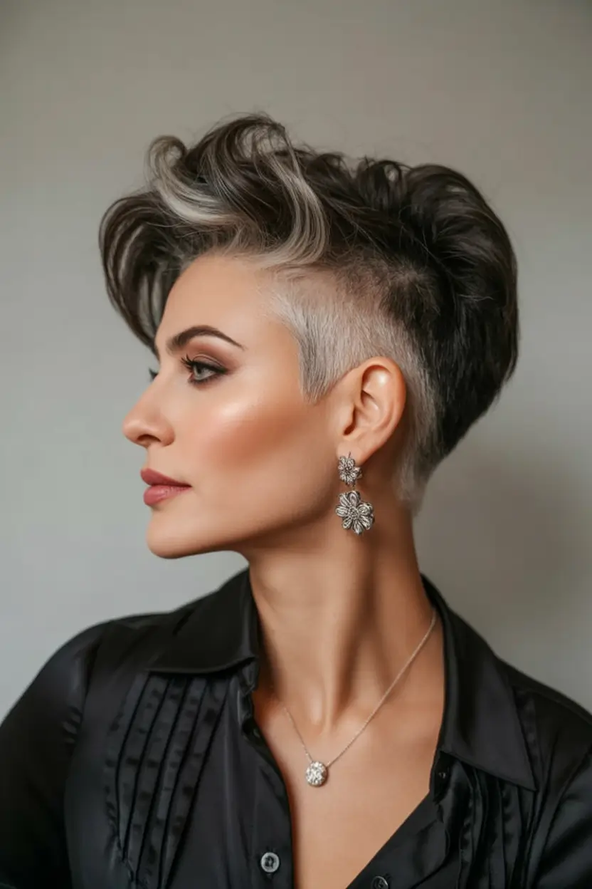 Trendy Pixie Haircuts to Try This Fall 2025 Reverse Fade with Voluminous Ice Streak