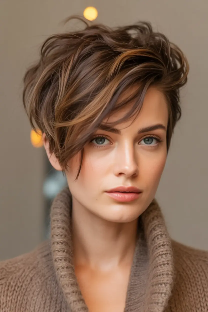 Trendy Pixie Haircuts to Try This Fall 2025 Effortless Brunette Swoop with Caramel Light
