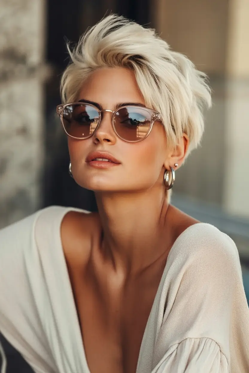 Trendy Pixie Haircuts to Try This Fall 2025 Platinum Flick with Off-Duty Glam