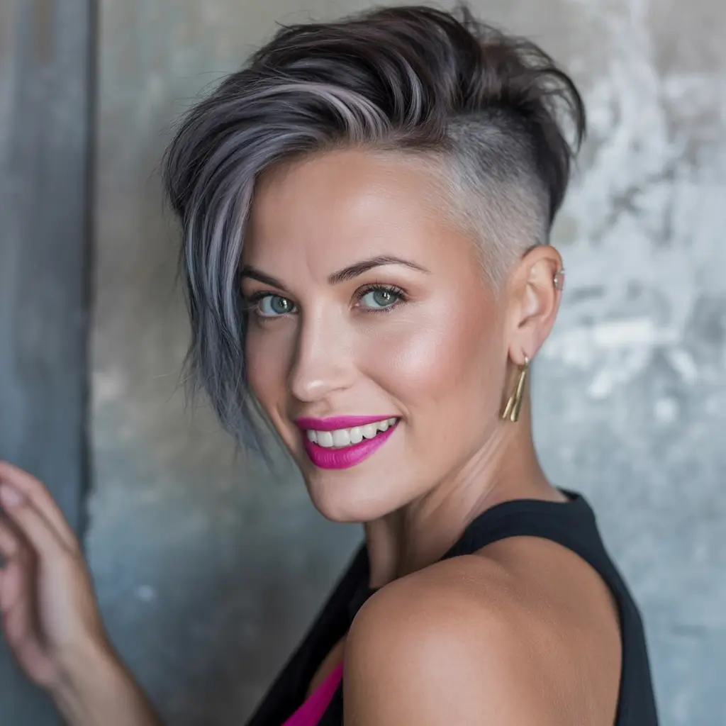 Trendy Pixie Haircuts to Try This Fall 2025 Steel Grey Undercut with Power Waves