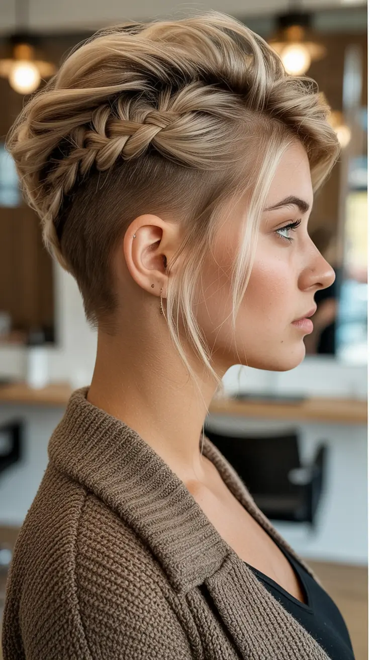 Trendy Pixie Haircuts to Try This Fall 2025 Braided Crown Fade with Romantic Volume