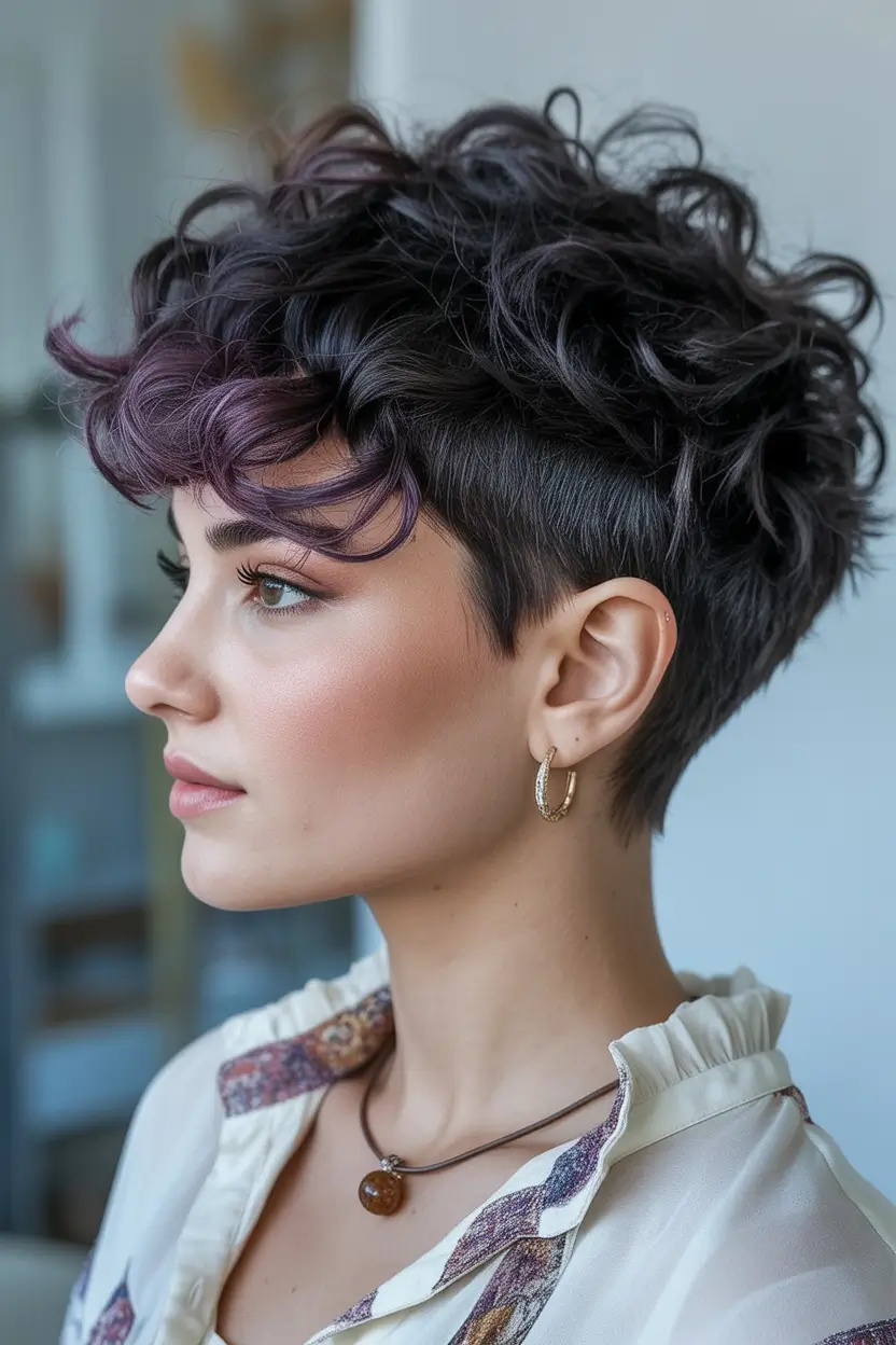 Trendy Pixie Haircuts to Try This Fall 2025 Curled Violet Drama with Shaved Contrast