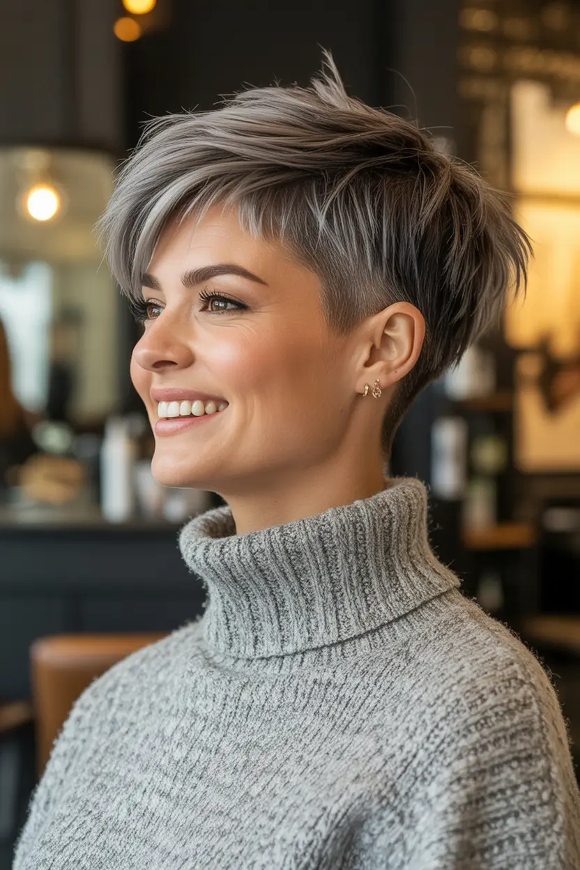 Trendy Pixie Haircuts to Try This Fall 2025 Feathered Silver Pixie with Frosted Layers