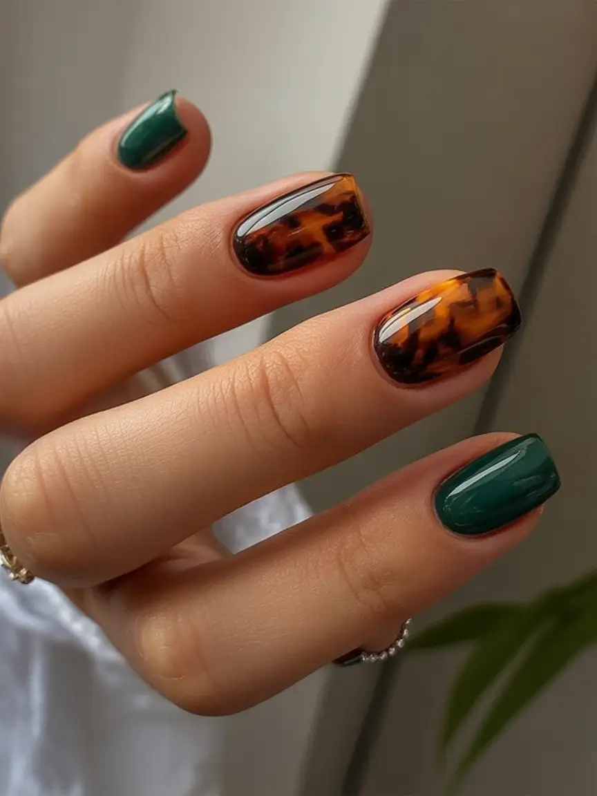 trendy shades of fall nail colors 2025 deep emerald and tortoiseshell elegance