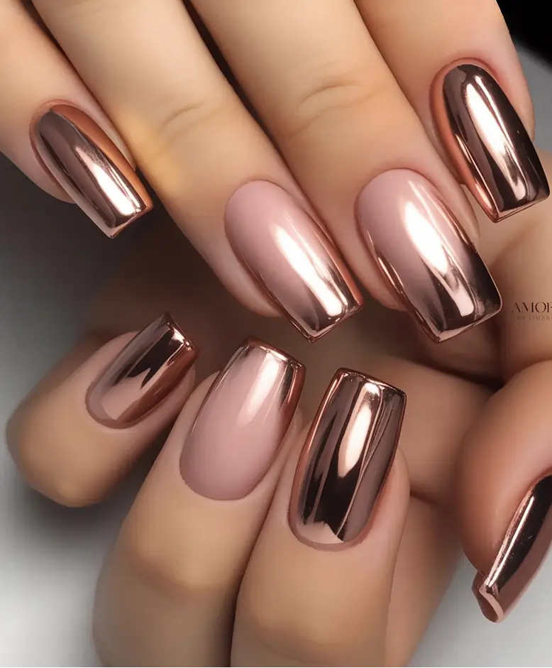 Trendy Shades of Fall Nail Colors 2025 Chrome Latte Meets Rose Gold Power
