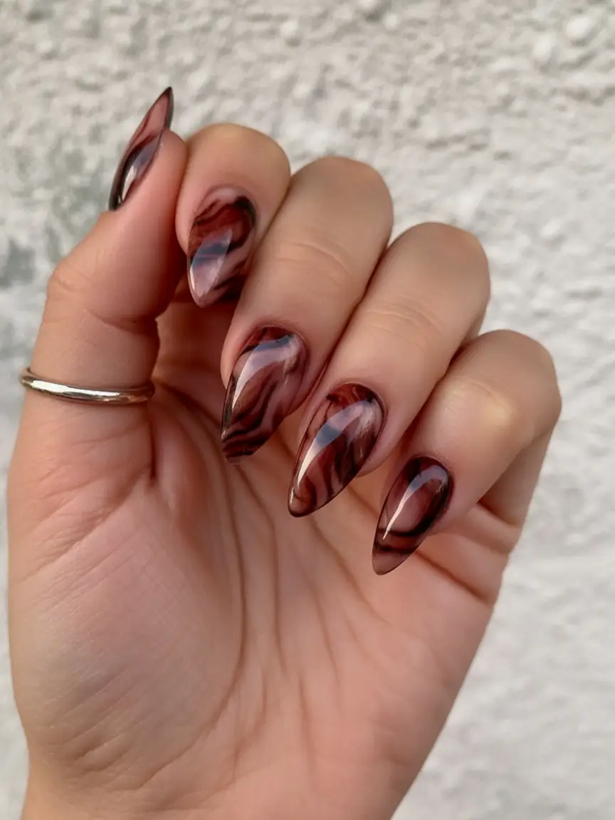Trendy Shades of Fall Nail Colors 2025 Espresso Marble with Moody Swirls
