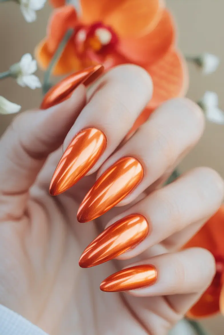 Trendy Shades of Fall Nail Colors 2025 Spiced Orange Chrome Drama
