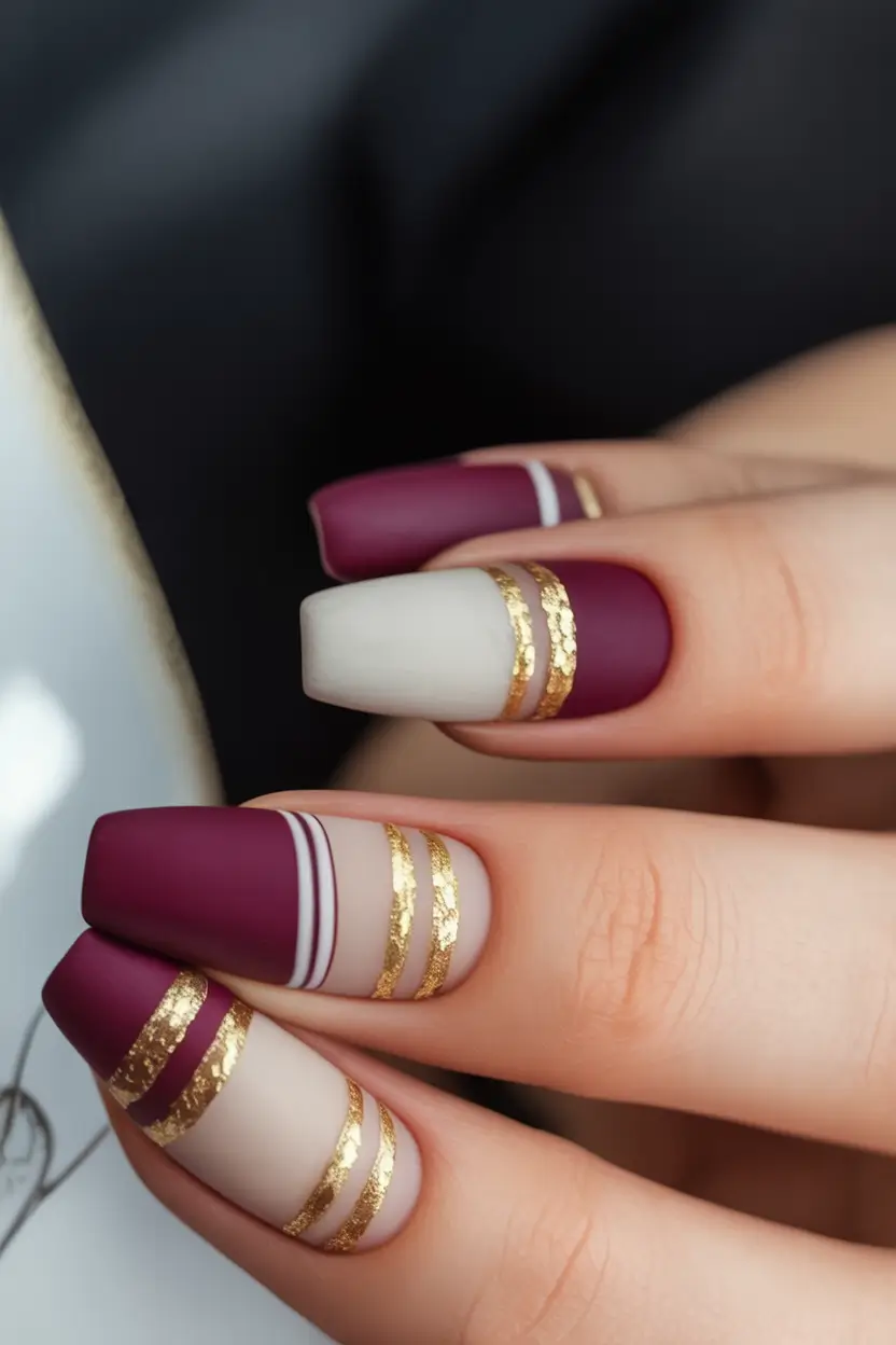 Trendy Shades of Fall Nail Colors 2025 Regal Plum and Gold Foil Stripes