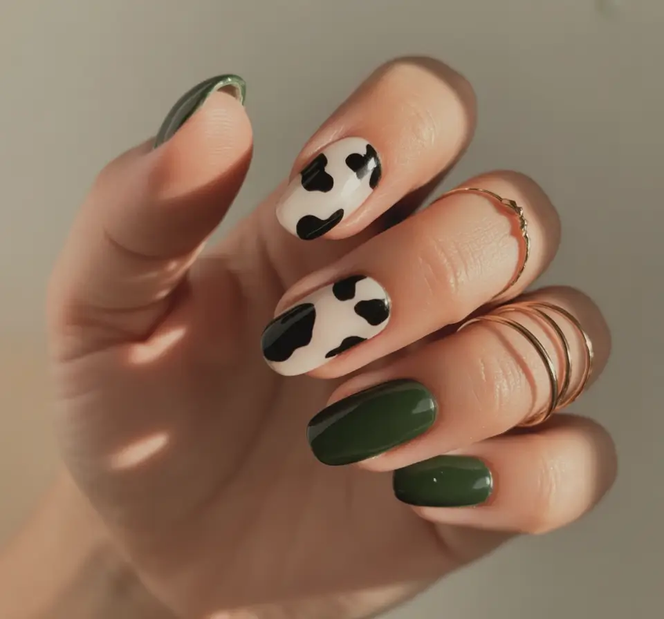 Trendy Shades of Fall Nail Colors 2025 Cowprint Meets Forest Green
