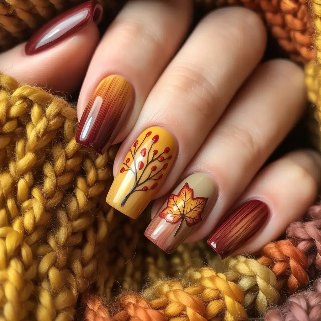 Trendy Shades of Fall Nail Colors 2025 Golden Autumn Leaves and Berry Tips