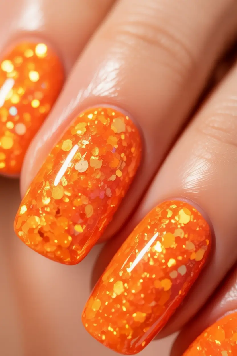 Trendy Shades of Fall Nail Colors 2025 Orange Sparkle Parade