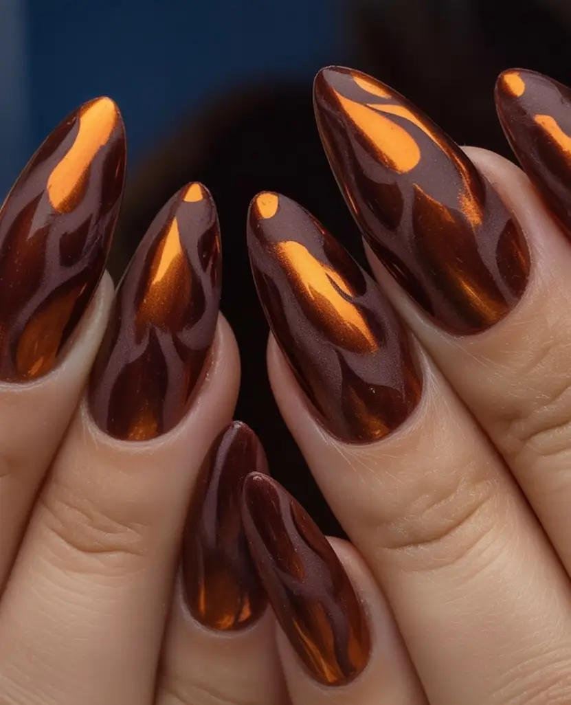 Trendy Shades of Fall Nail Colors 2025 Molten Copper Flame Effect