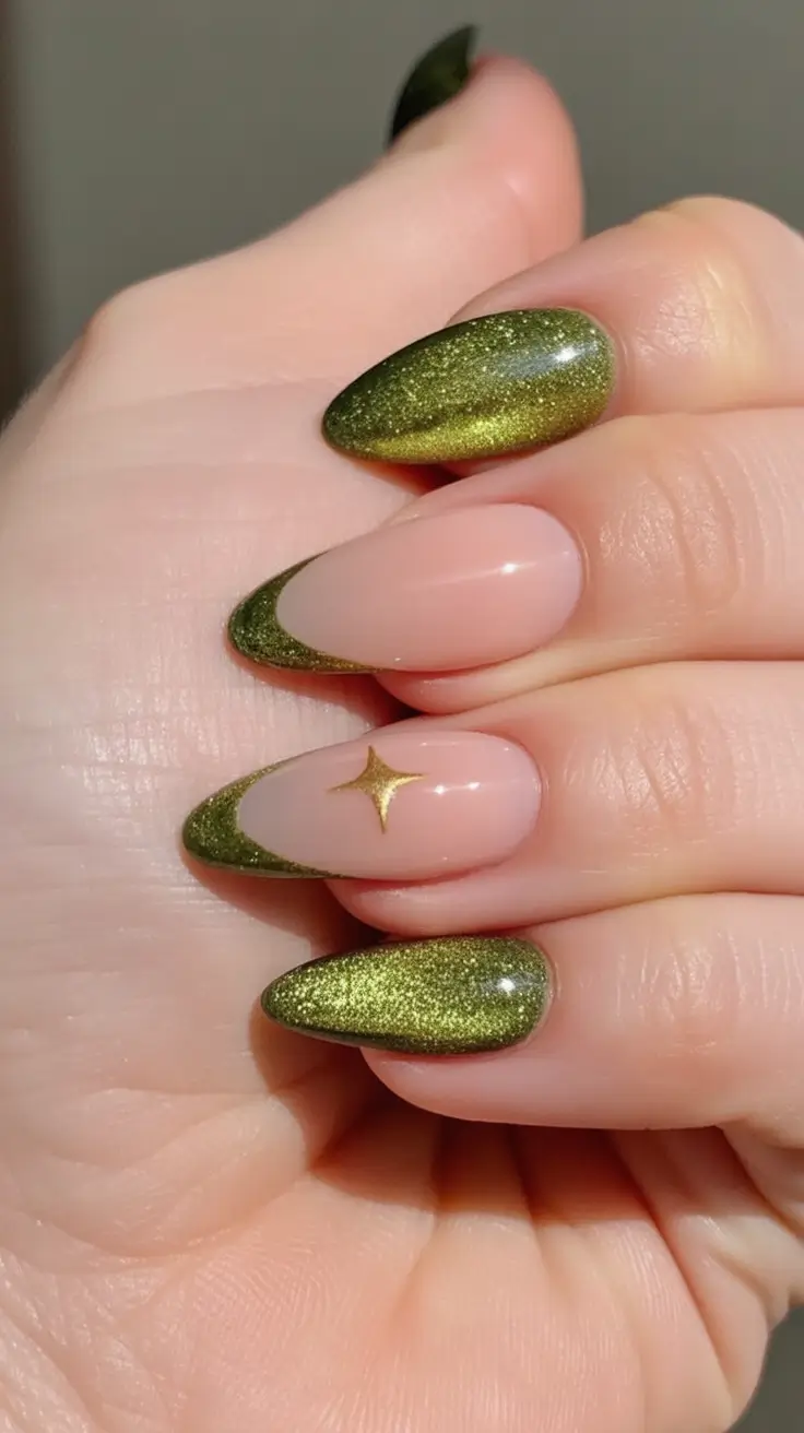 Trendy Shades of Fall Nail Colors 2025 Golden Green Cat-Eye Glam