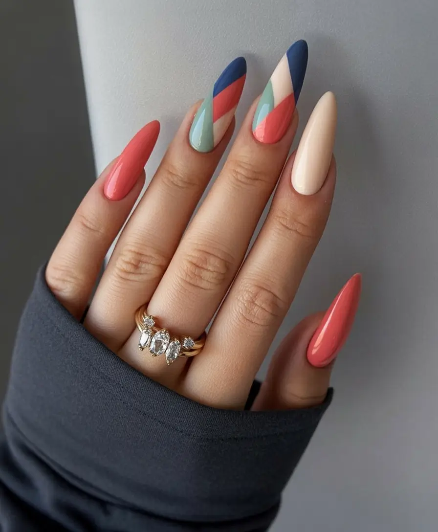 Trendy Shades of Fall Nail Colors 2025 Colorful Diagonal Geometric Art