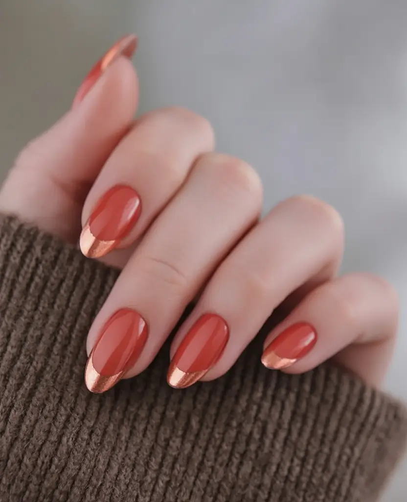 Trendy Shades of Fall Nail Colors 2025 Burnt Coral Metallic French