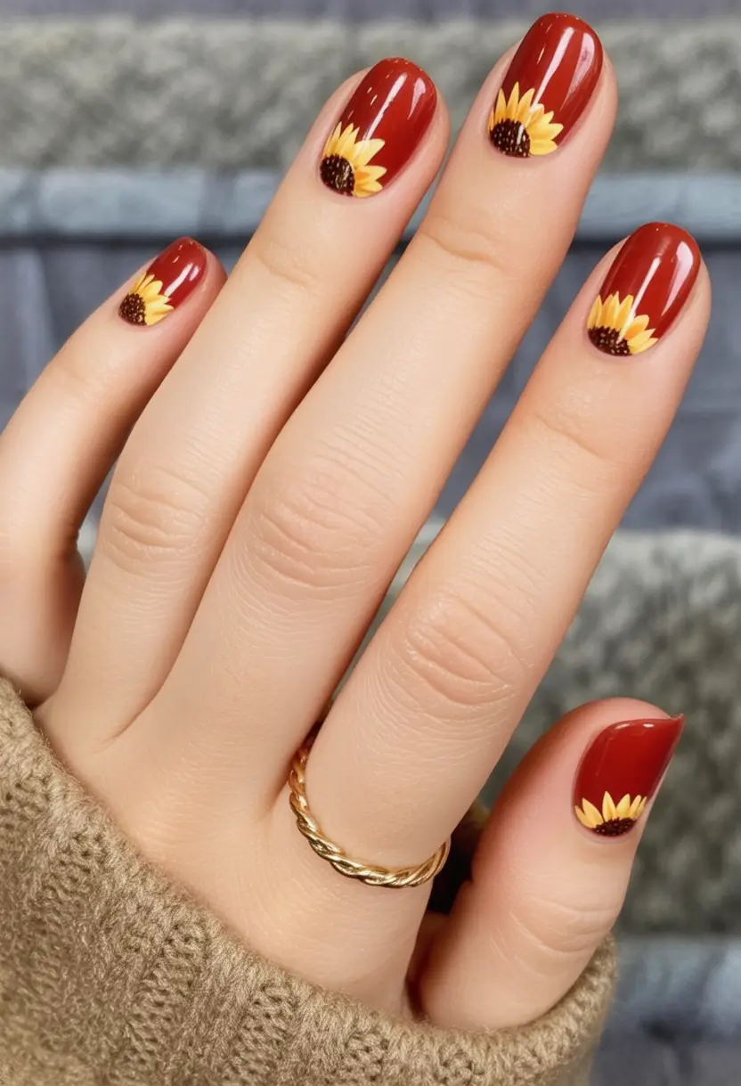 trendy shades of fall nail colors 2025 sunflower art on terracotta base