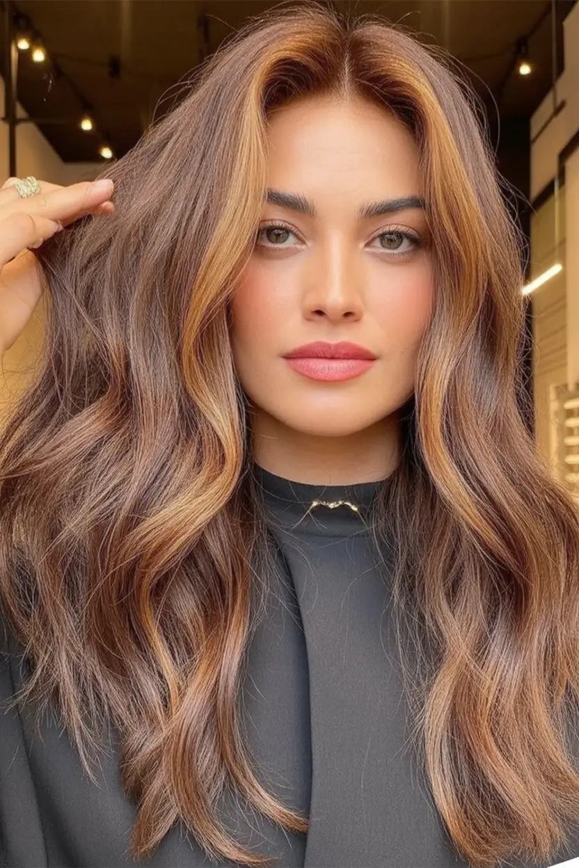Warm Hair Colors to Try This Fall 2025 Golden Toffee Waves with Dimensional Highlights