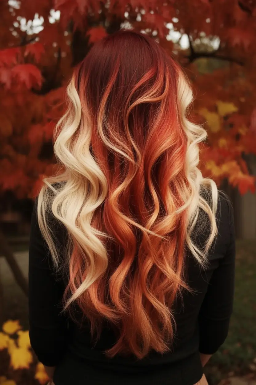 Warm Hair Colors to Try This Fall 2025 Fiery Crimson and Platinum Flame Balayage