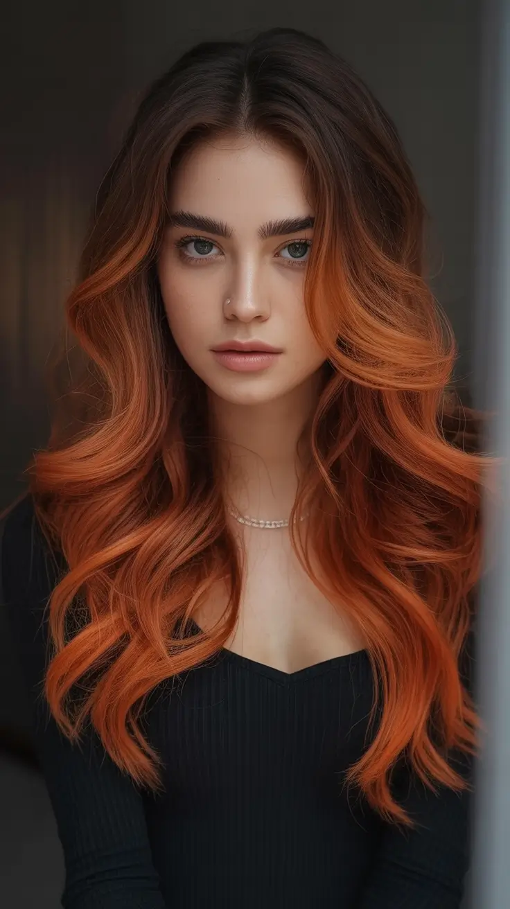 Warm Hair Colors to Try This Fall 2025 Rusty Copper Ombre on Loose Mid-Length Waves