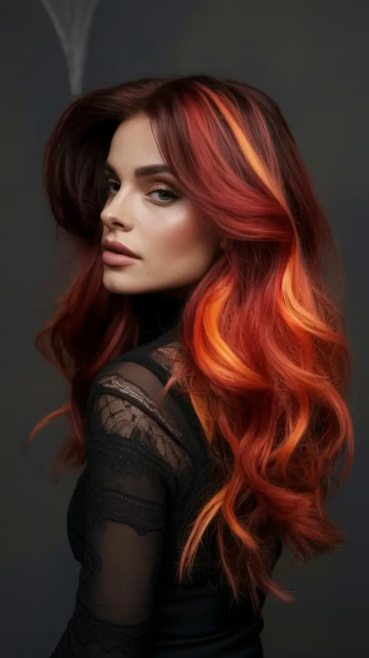 Warm Hair Colors to Try This Fall 2025 Fiery Red with Orange Pop Highlights