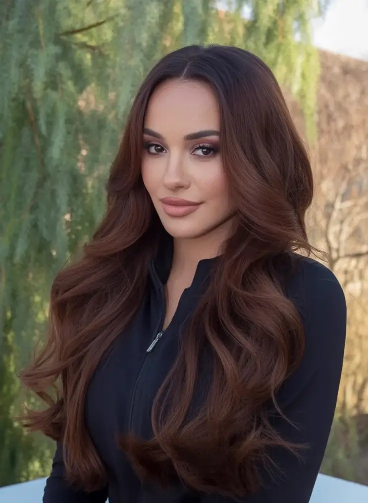 Warm Hair Colors to Try This Fall 2025 Glossed Mocha Waves With Volume