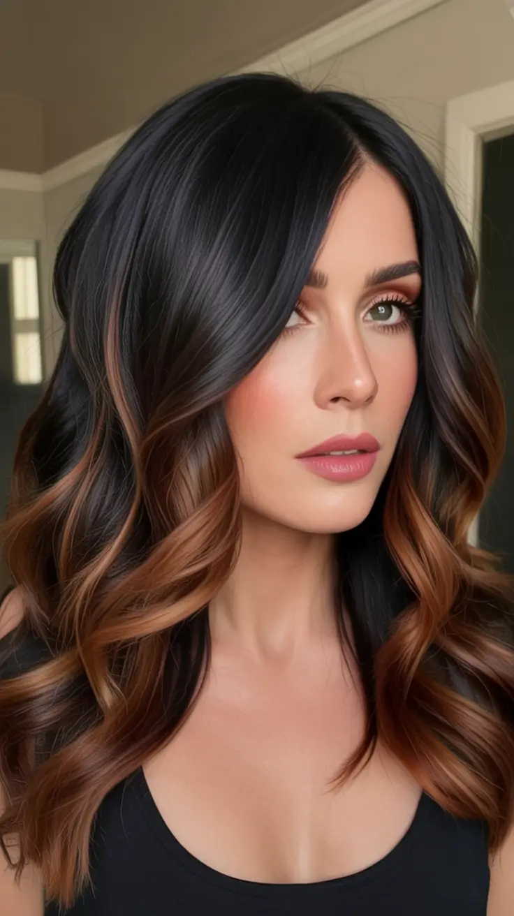Warm Hair Colors to Try This Fall 2025 Black Walnut Waves With Cinnamon Tips
