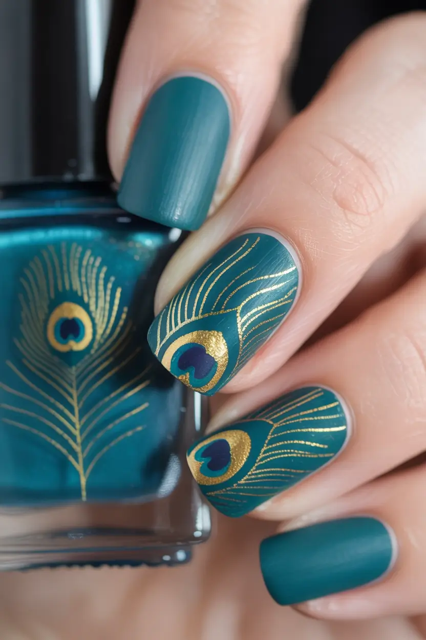 2025 Dark Fall Nails Peacock Feather Glam