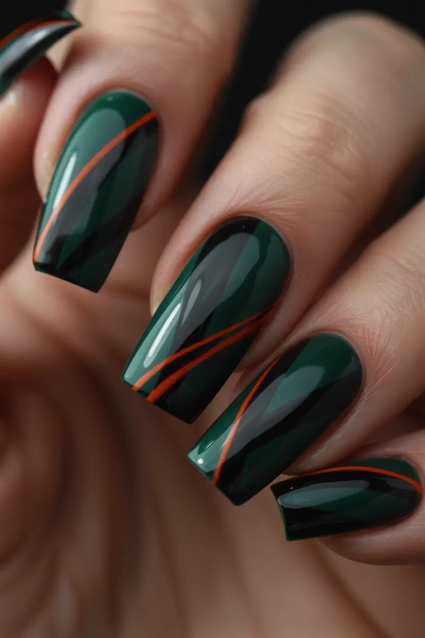 2025 Dark Fall Nails Deep Green with Sleek Stripes