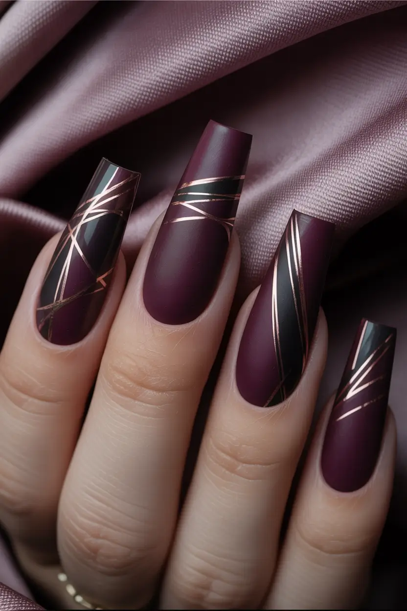 2025 Dark Fall Nails Matte Plum Geometry