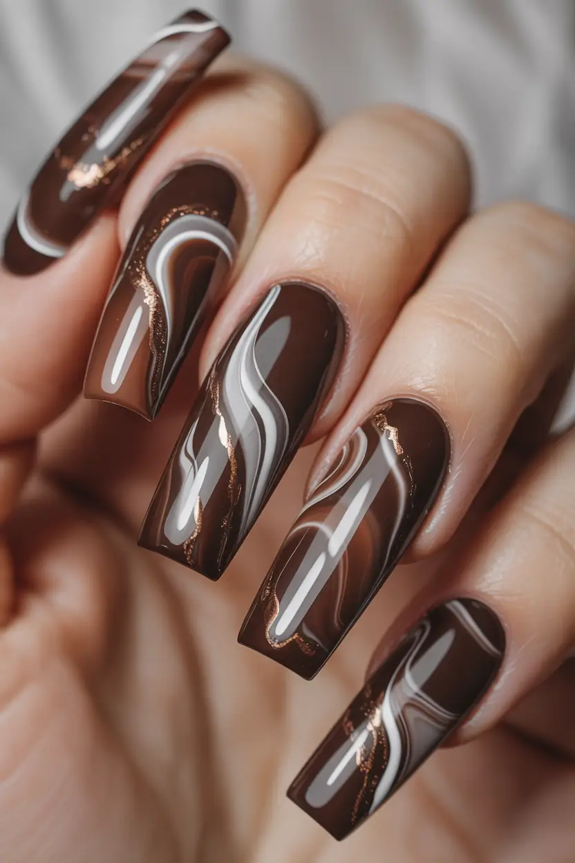 2025 Dark Fall Nails Chocolate Marble Swirls