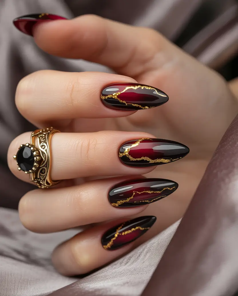 2025 Dark Fall Nails Crimson with Gold Veins