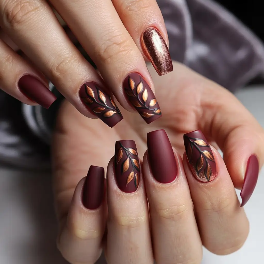 2025 Dark Fall Nails Matte Burgundy Leaves