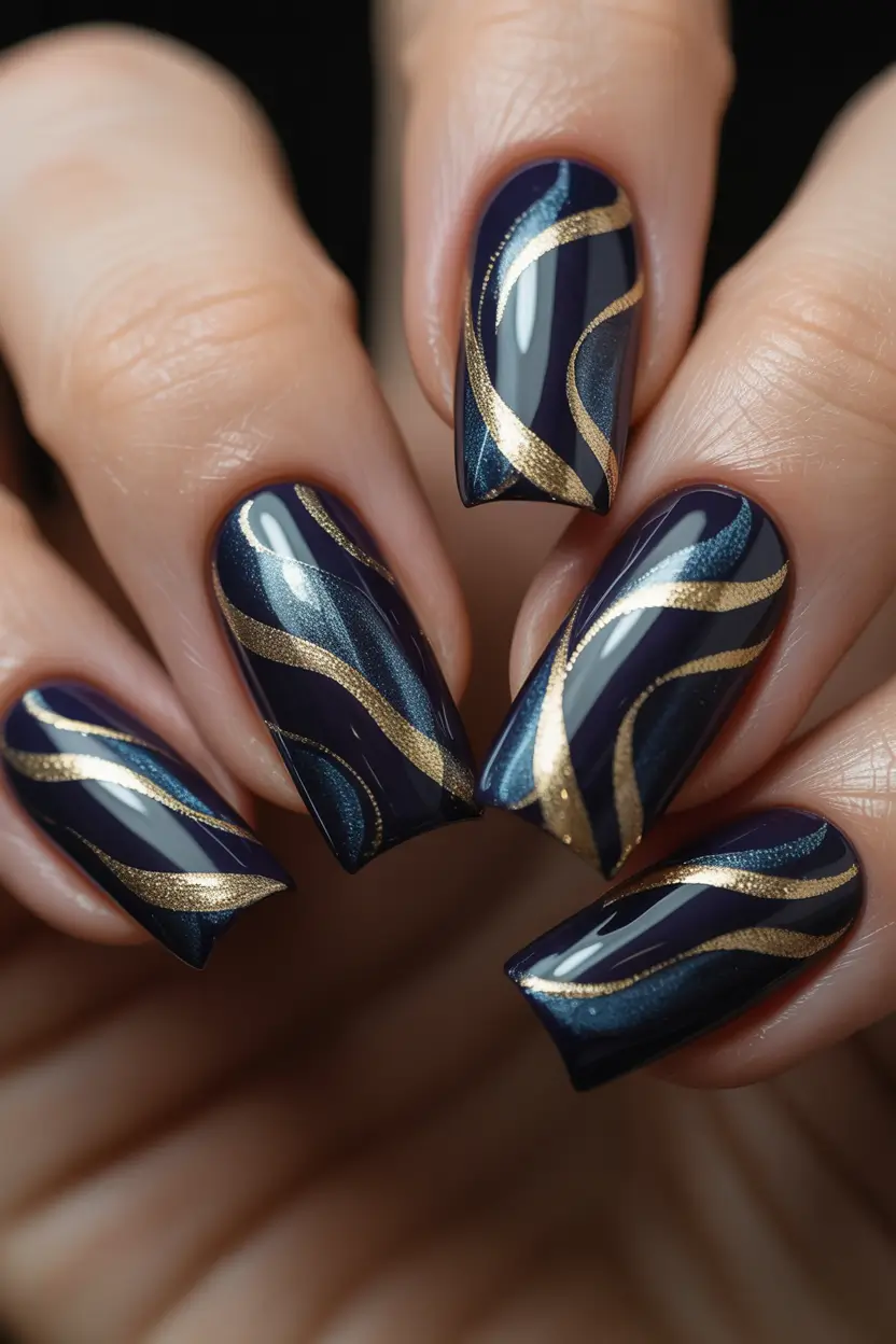 2025 Dark Fall Nails Midnight Navy with Golden Waves