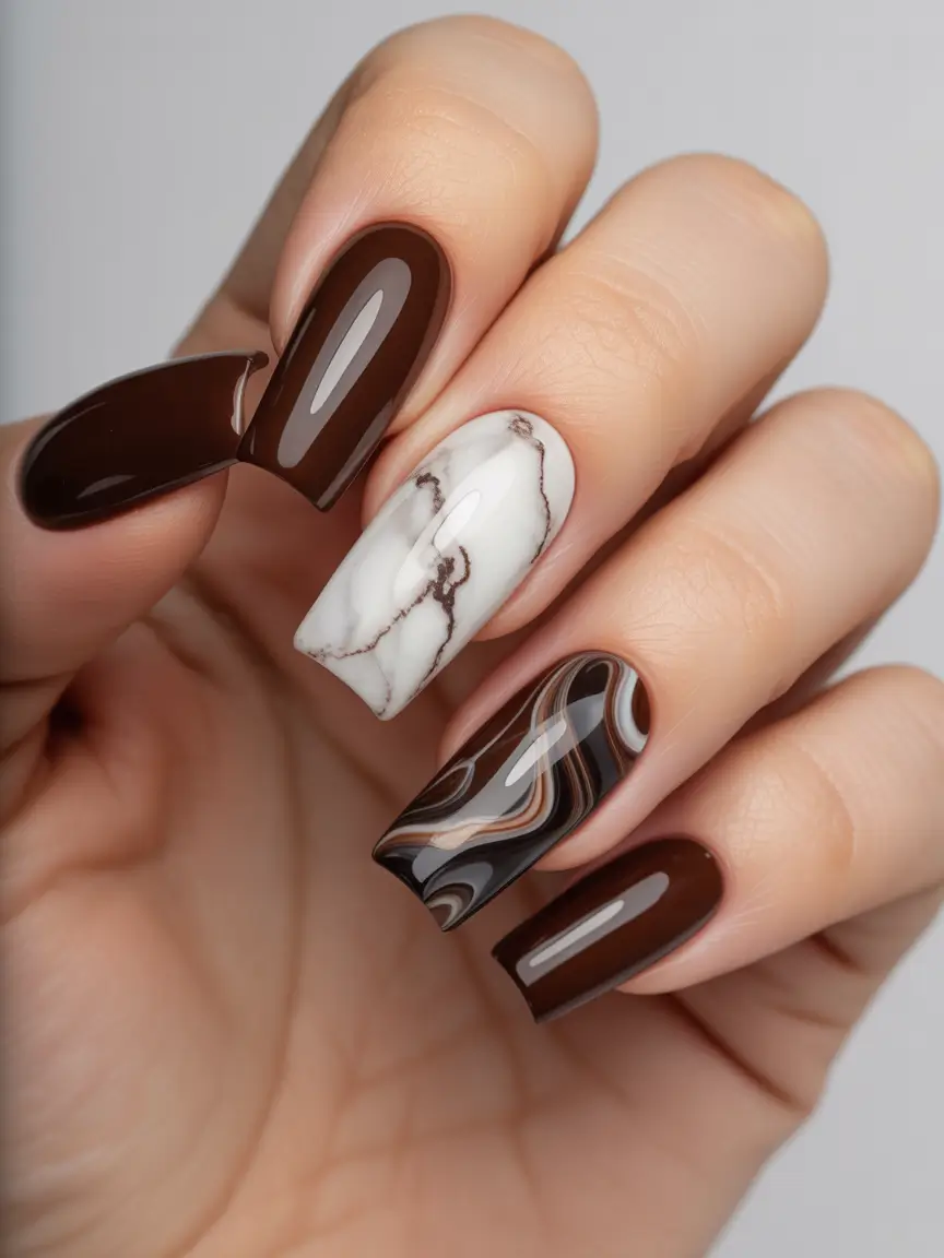 2025 Dark Fall Nails Marble Mocha Swirls