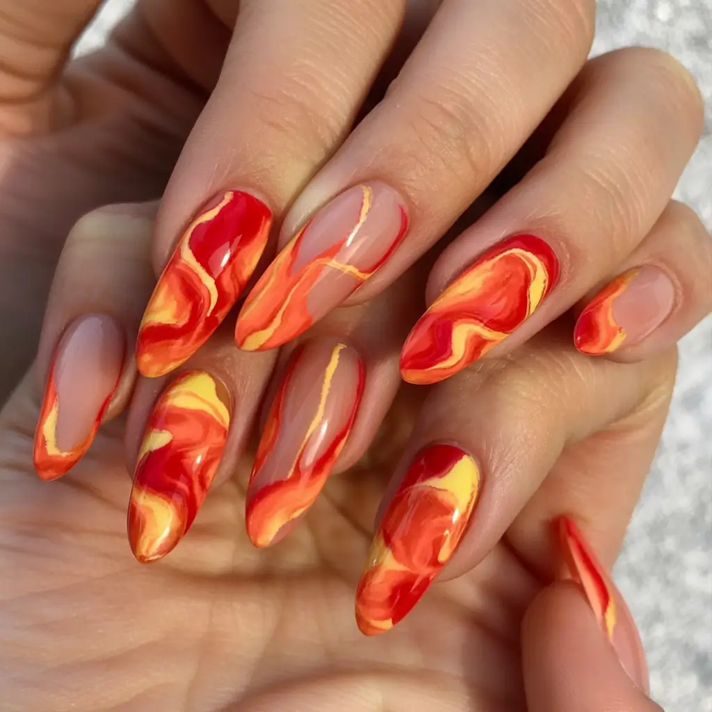 2025 Fall Acrylic Nails Ideas for Short and Long Lengths Molten Marble for Autumn Evenings