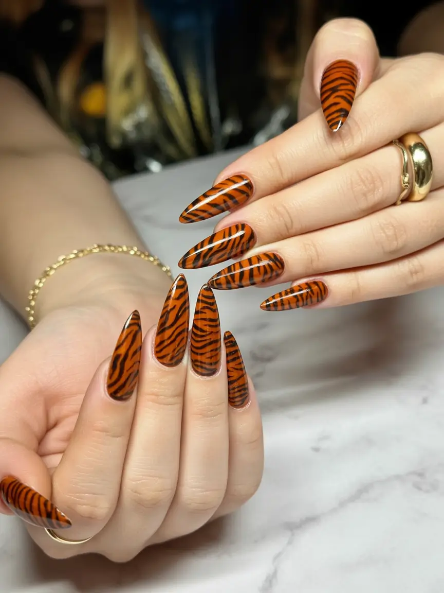2025 Fall Acrylic Nails Ideas for Short and Long Lengths Tiger Stripe Statement Nails