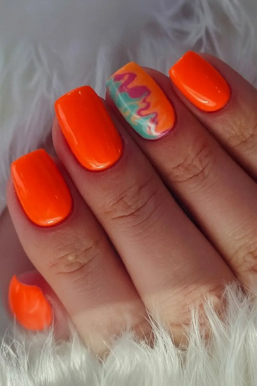 2025 Fall Acrylic Nails Ideas for Short and Long Lengths Glossy Tangerine with Swirled Accent Art