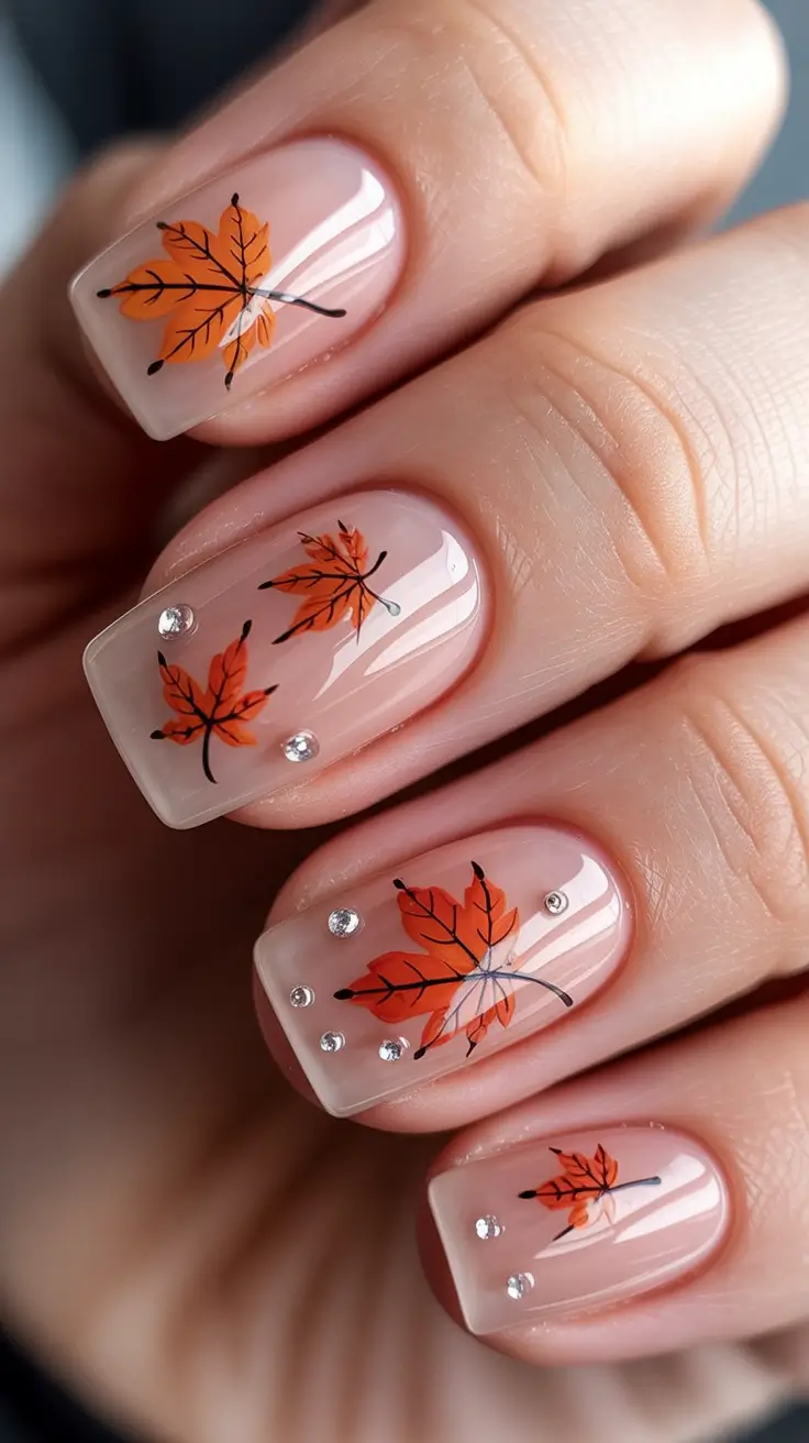 2025 Fall Acrylic Nails Ideas for Short and Long Lengths Transparent Nude with Falling Leaves