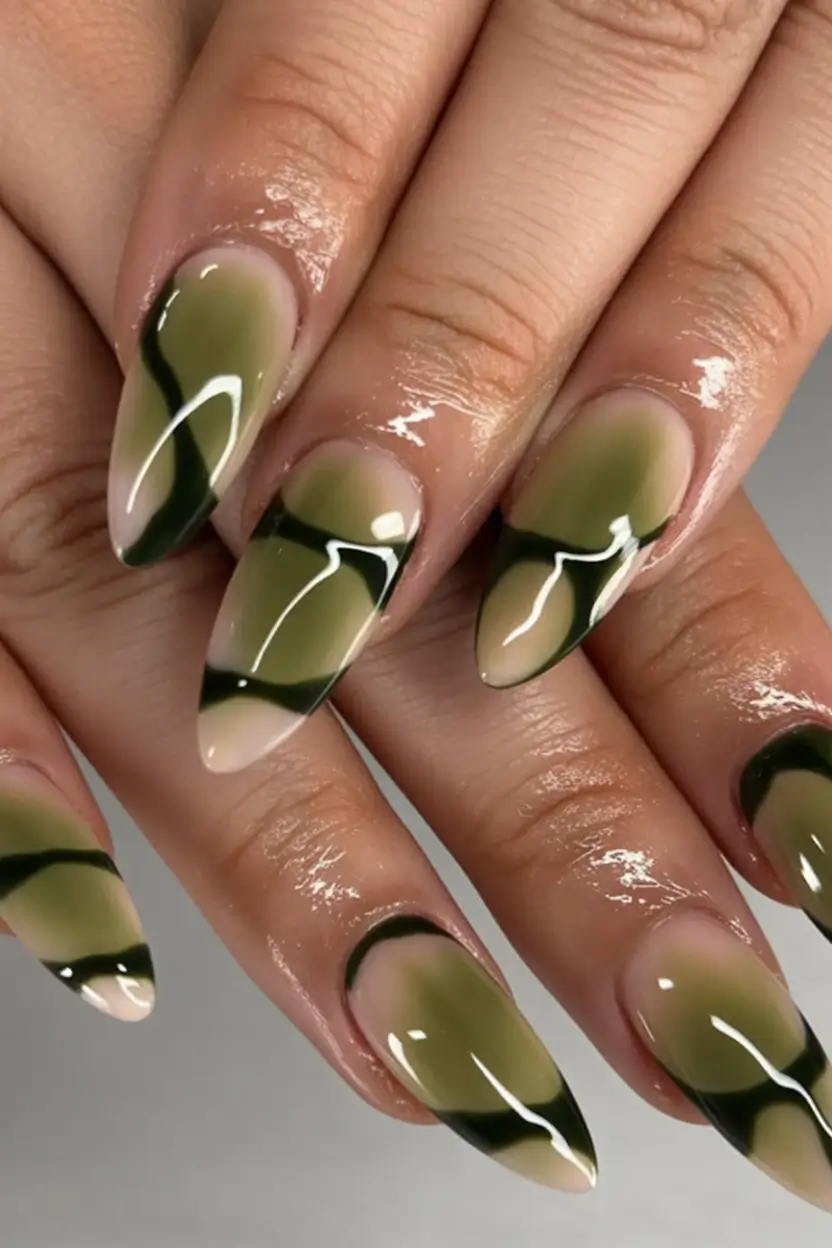 2025 Fall Acrylic Nails Ideas for Short and Long Lengths Olive Edge Acrylics with Smoky Depth