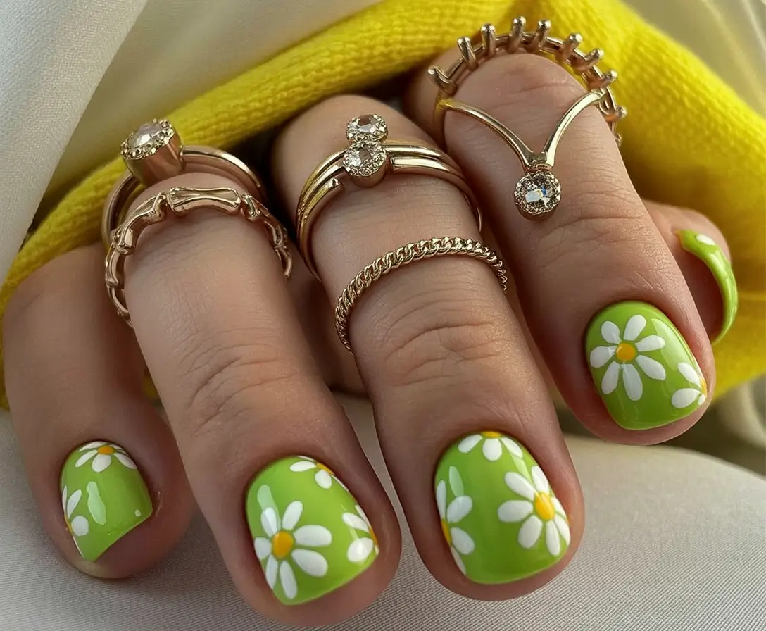 2025 Fall Acrylic Nails Ideas for Short and Long Lengths Lime Green with Daisies