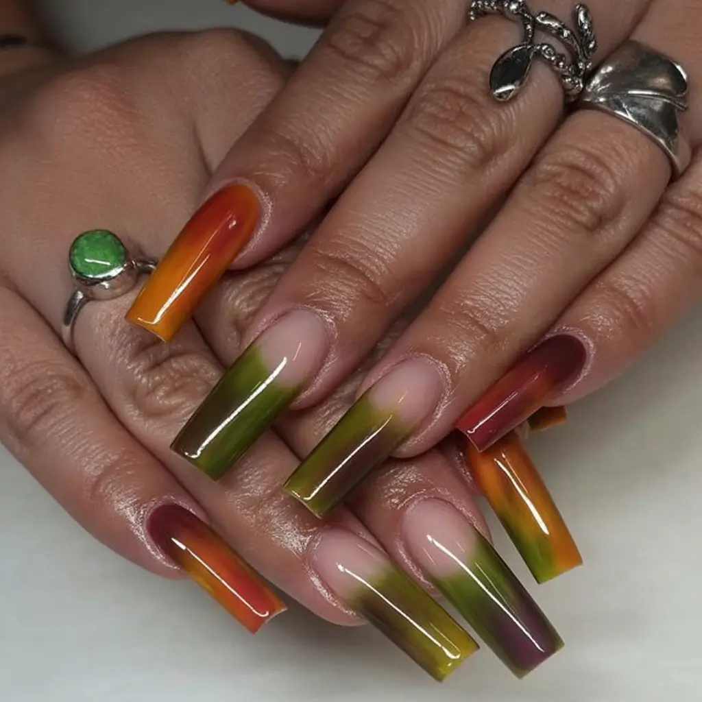 2025 Fall Acrylic Nails Ideas for Short and Long Lengths Gradient Forest Fade in Autumn Tones