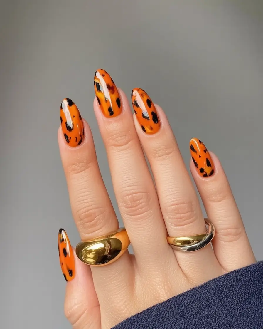 2025 Fall Acrylic Nails Ideas for Short and Long Lengths Leopard Almond Tips in Glossy Orange
