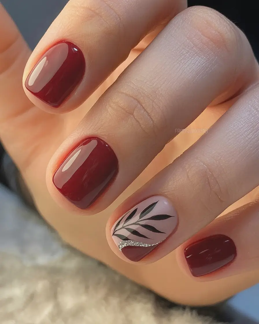 2025 Fall Acrylic Nails Ideas for Short and Long Lengths Deep Red Shine with Minimal Leaf Accent