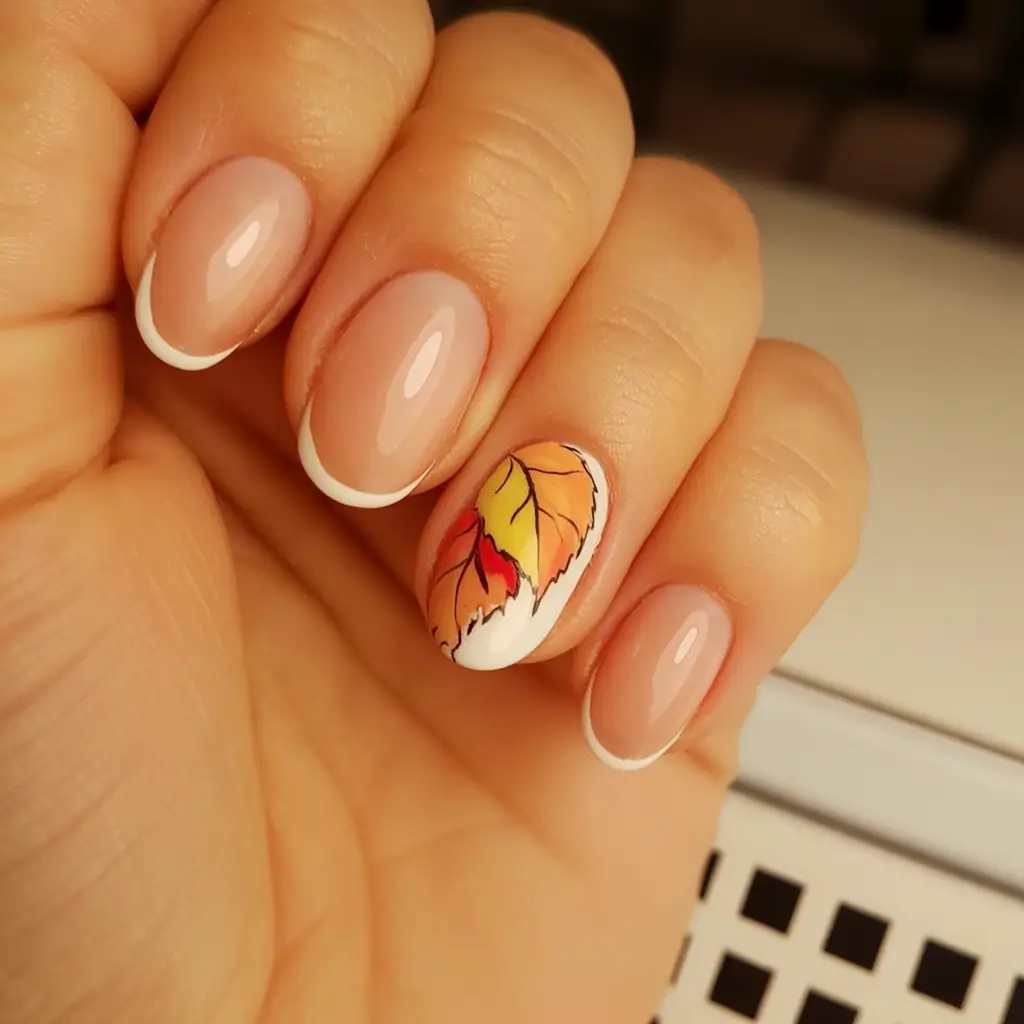 2025 Fall Acrylic Nails Ideas for Short and Long Lengths Classic French Tip with Fall Leaf Detail