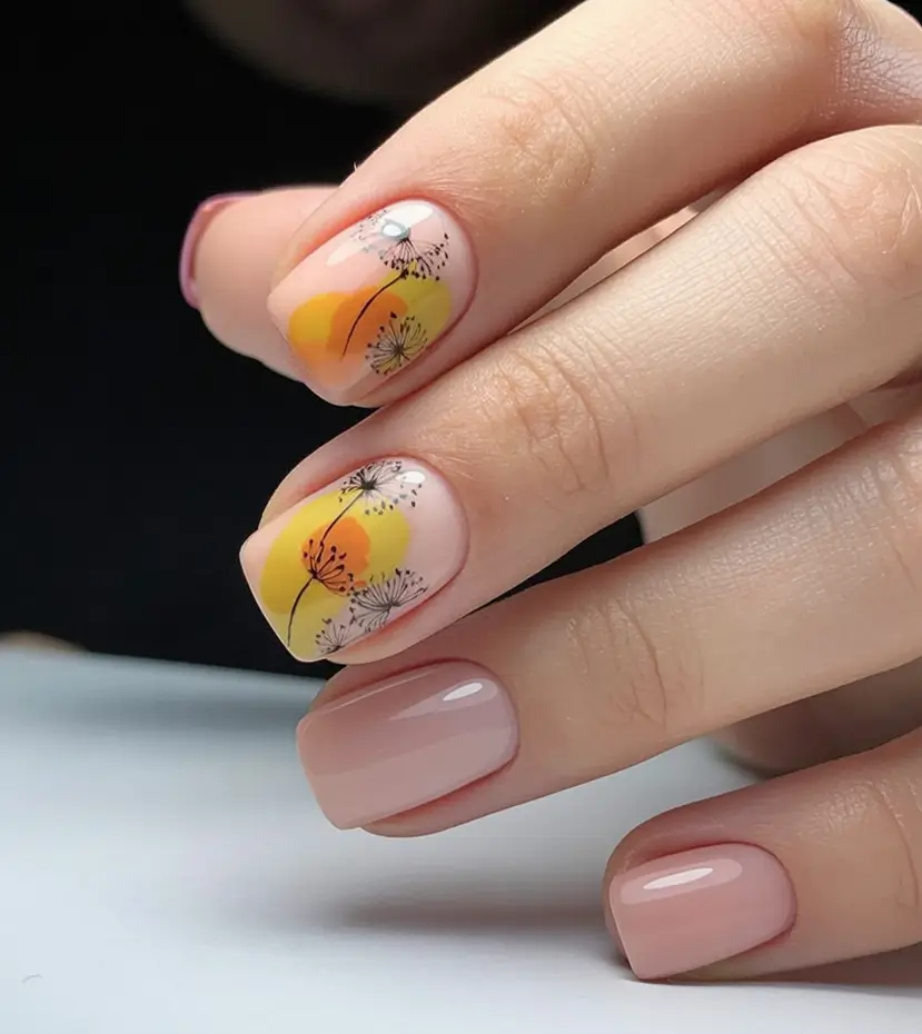 2025 Fall Acrylic Nails Ideas for Short and Long Lengths Sunset Dandelions on Nude Short Nails