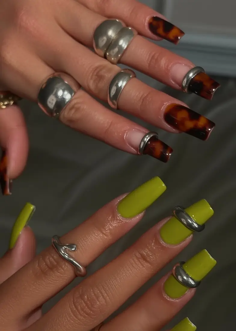 2025 Fall Acrylic Nails Ideas for Short and Long Lengths Olive Chrome for Bold Fall Vibes