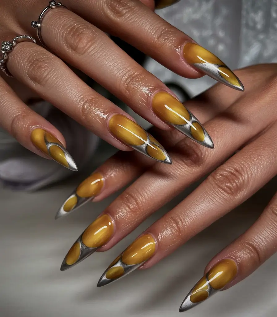 2025 Fall Acrylic Nails Ideas for Short and Long Lengths Golden Chrome Flame Tips