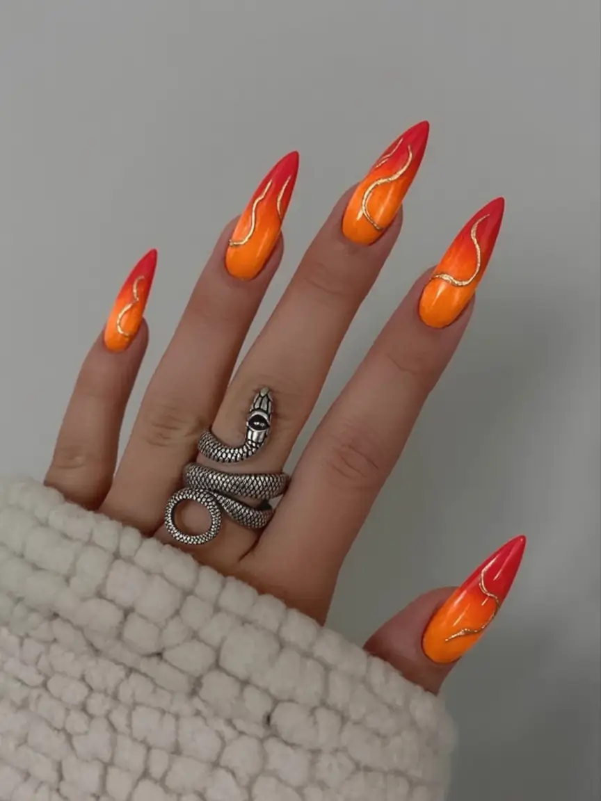 2025 Fall Acrylic Nails Ideas for Short and Long Lengths Fiery Flame Tips in Chrome and Orange